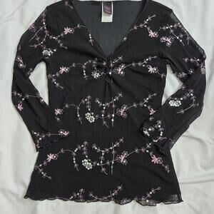 Wrapper Vintage Y2K 90s Sheer Top M Floral Embroidered Whimsigoth Fairy Grunge